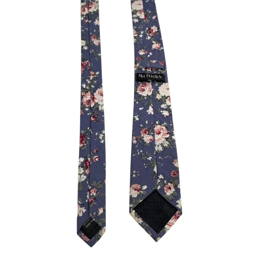 NM Nicks Mens‎ Necktie Blue Cotton Skinny Floral Pattern Handmade Novelty Casual